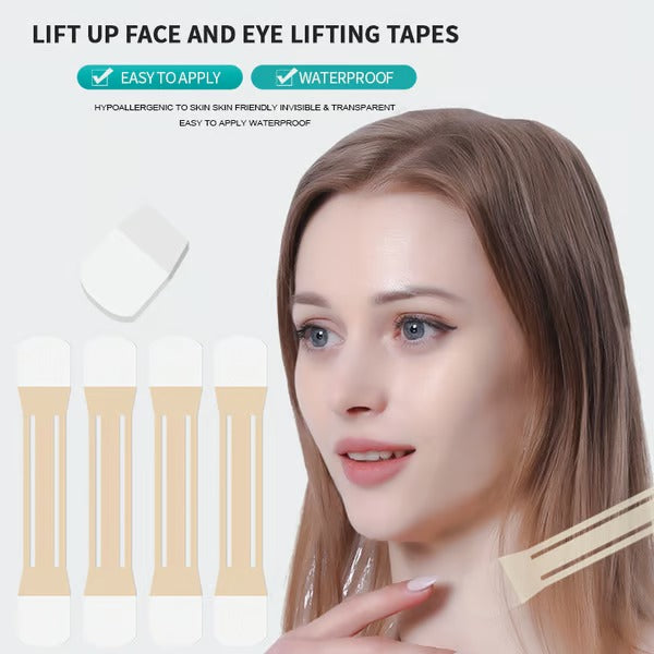 Woman touching her neck with a strip applied, shown beside four beige tapes and a list of easy, waterproof features. 3