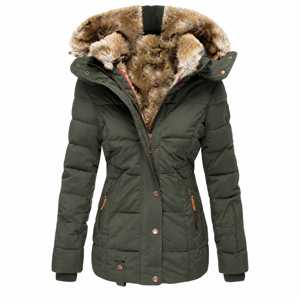 Dark green fitted quilted parka with fur-lined hood, front view on a plain white background 4