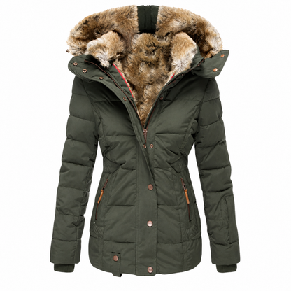 Dark green fitted quilted parka with fur-lined hood, front view on a plain white background 4