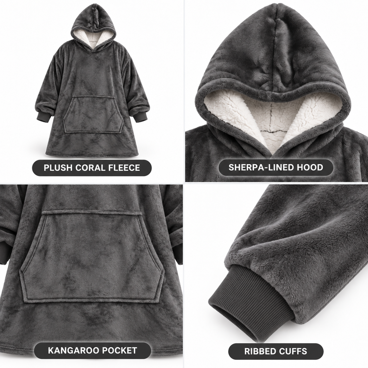 Four-panel close-up of the dark grey hoodie blanket showing the whole garment, sherpa-lined hood, kangaroo pocket and ribbed cuff. 4