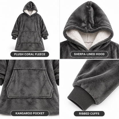Four-panel close-up of the dark grey hoodie blanket showing the whole garment, sherpa-lined hood, kangaroo pocket and ribbed cuff. 4