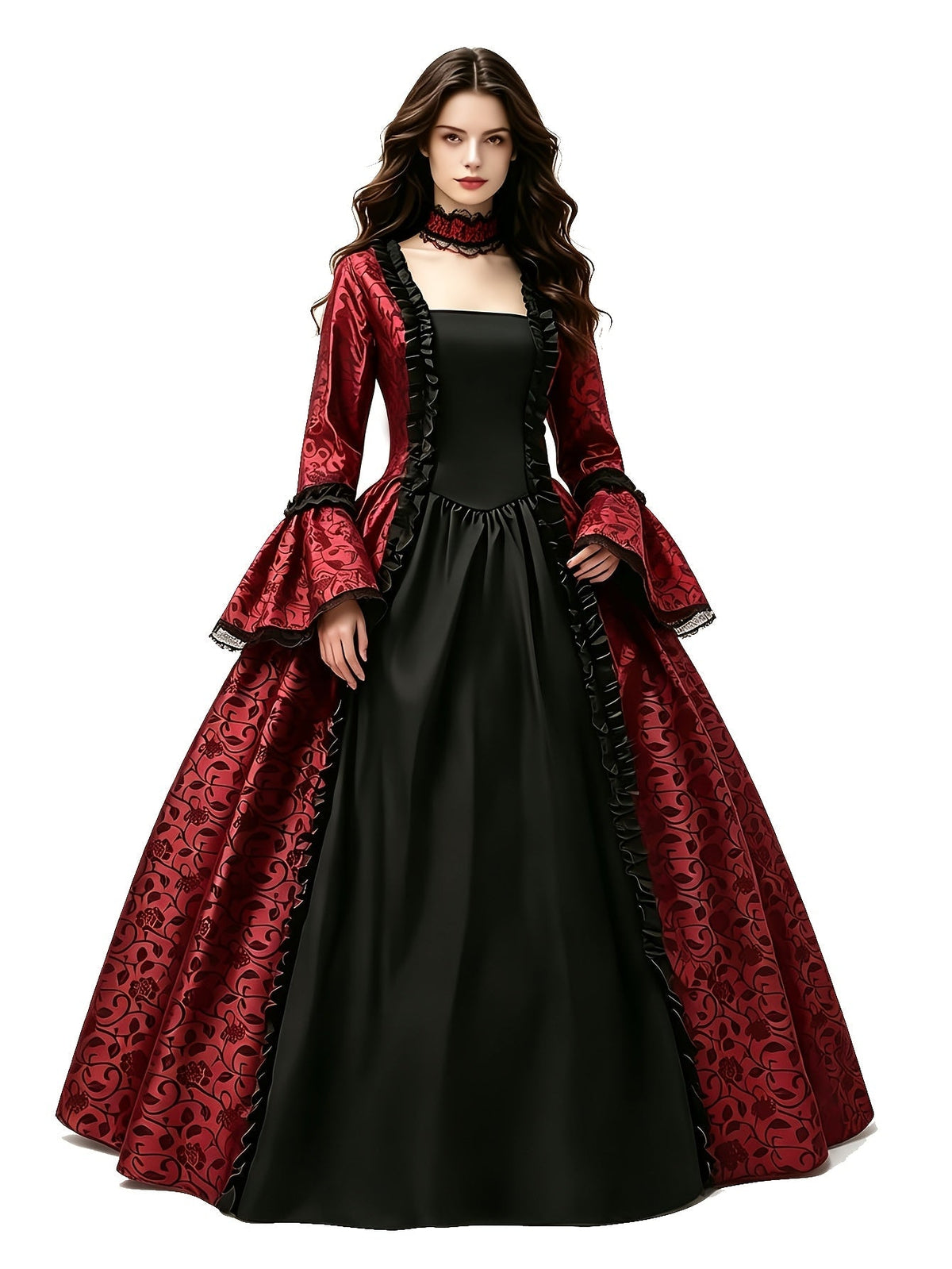 Front view of the red floral brocade gown with black ruffle-edged panel, lace-trimmed flared sleeves and lace choker, on white. 10