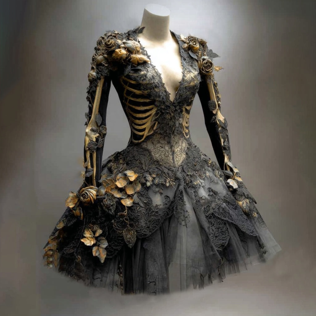 Black lace mini dress on a mannequin with golden skeleton ribs and arm bones, gilded roses and a layered tulle skirt. 1