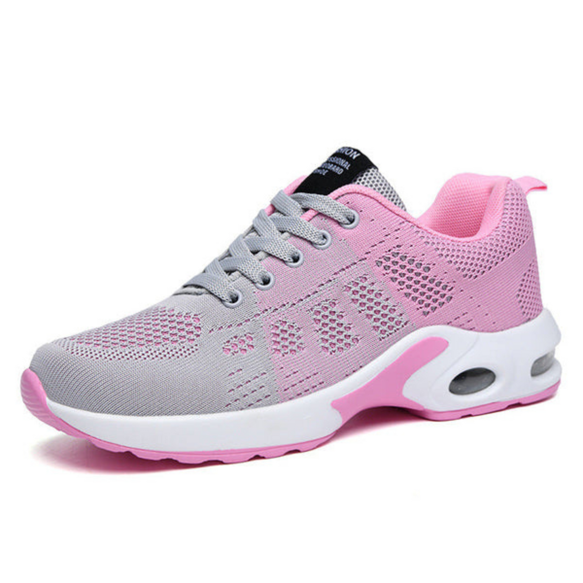 Side view of a two-tone pink and grey mesh trainer with grey laces and a white sole featuring an air cushion. 5