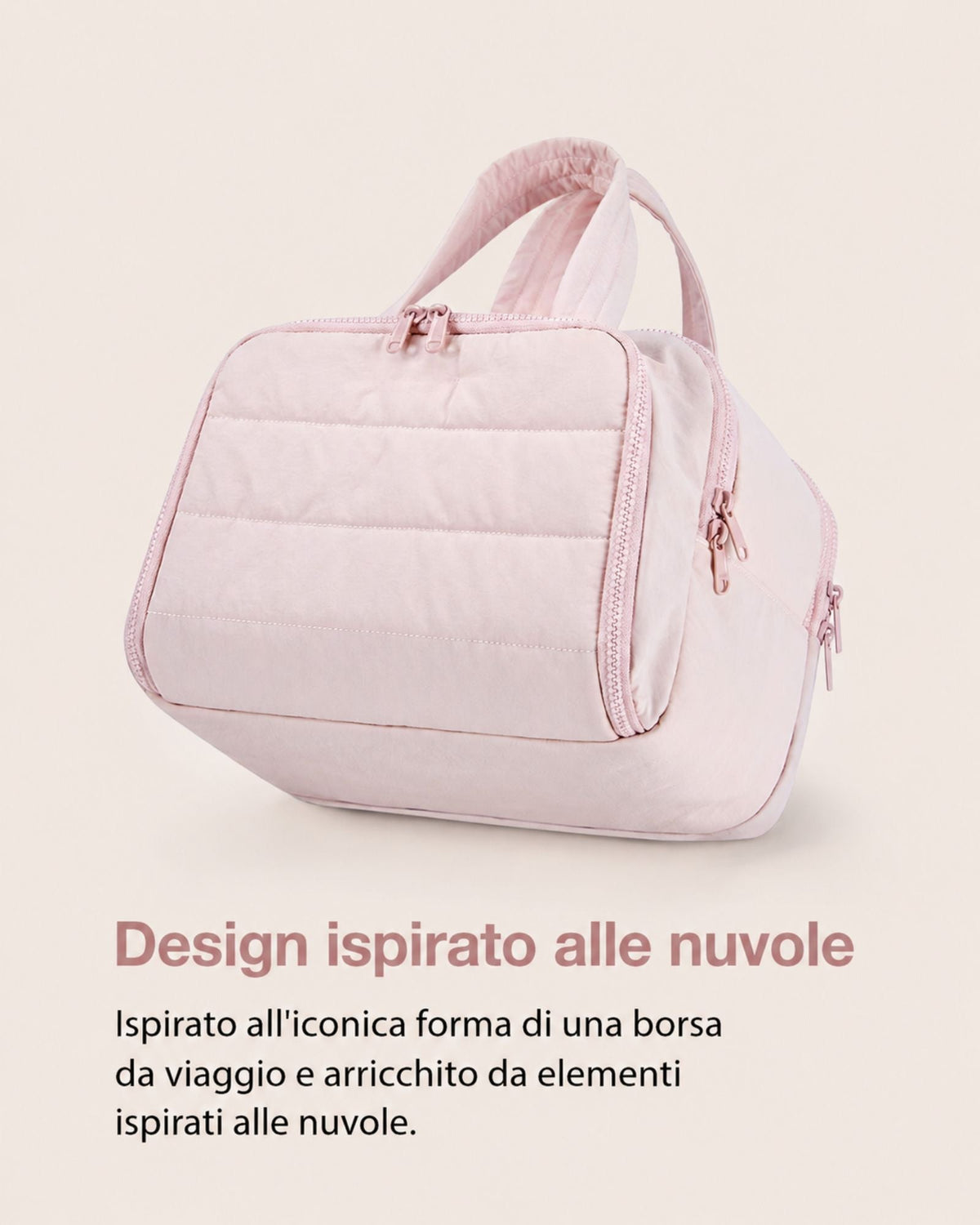 Pink quilted bag from the side, showing its rounded travel-bag shape with horizontal quilting, zip pulls and padded handles. 6