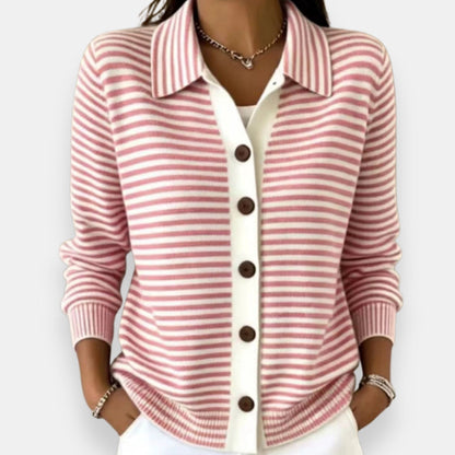 Model wearing the collared cardigan in pink and white stripes, with a white button placket, brown buttons and ribbed cuffs. 4