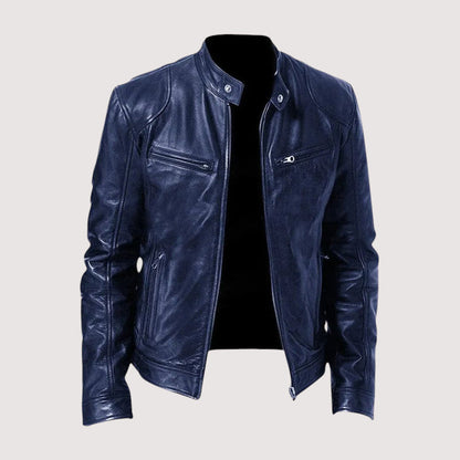 Front view of the navy blue leather jacket unzipped, with stand collar and zipped chest pockets 4