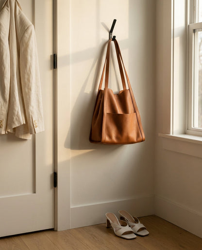 Tan leather tote hanging by its straps from a wall hook beside a door with a linen jacket, white heeled sandals below. 7