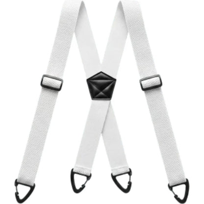 White X-back braces laid flat, with black adjusters, black centre patch and four black clips 3