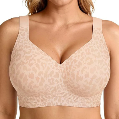 Front view of the bra in a soft beige leopard print, worn by a model 9