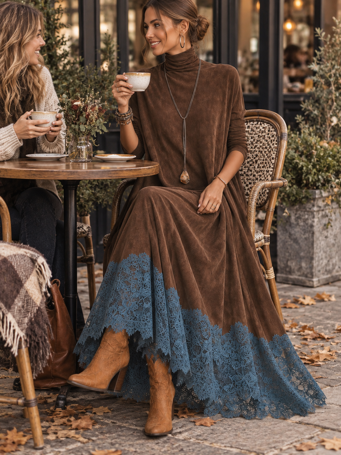 Smiling model seated at a cafe table in the brown dress, with blue lace hem 6