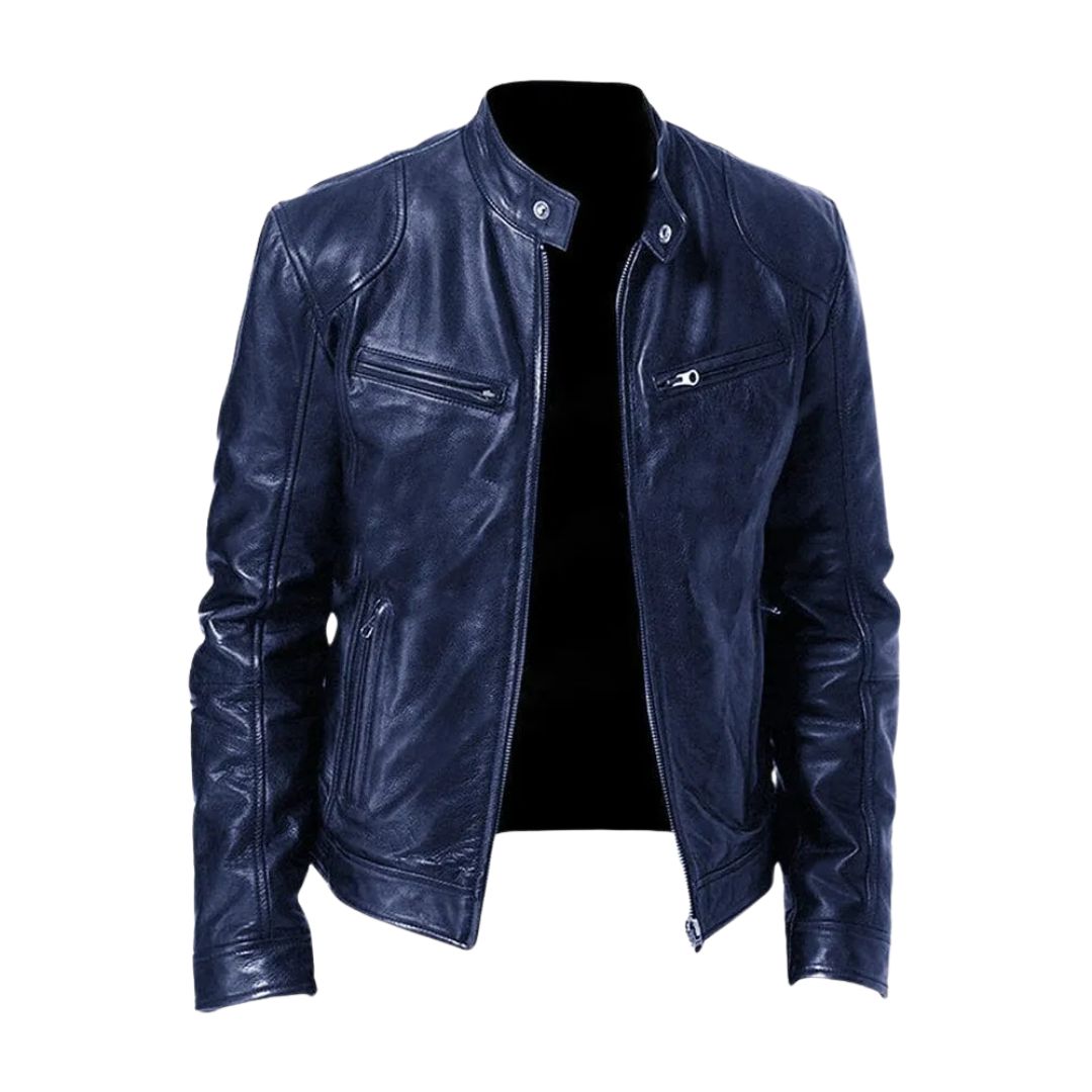 Navy blue version of the stand-collar jacket, open at the front, showing the snap collar and zip pockets 5