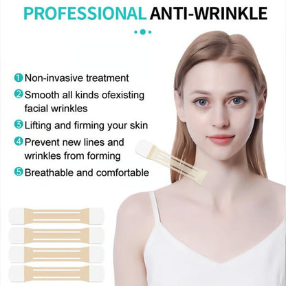 Woman in a white camisole with a strip on her neck, beside four beige tapes and a list of anti-wrinkle benefits. 6
