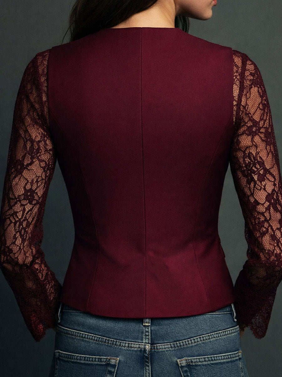 Back view of the burgundy version, showing a seamed tailored back and sheer burgundy lace sleeves 14