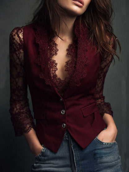 Burgundy version worn by a model, with lace sleeves, scalloped lace lapels and three buttons, hands in jeans pockets 3