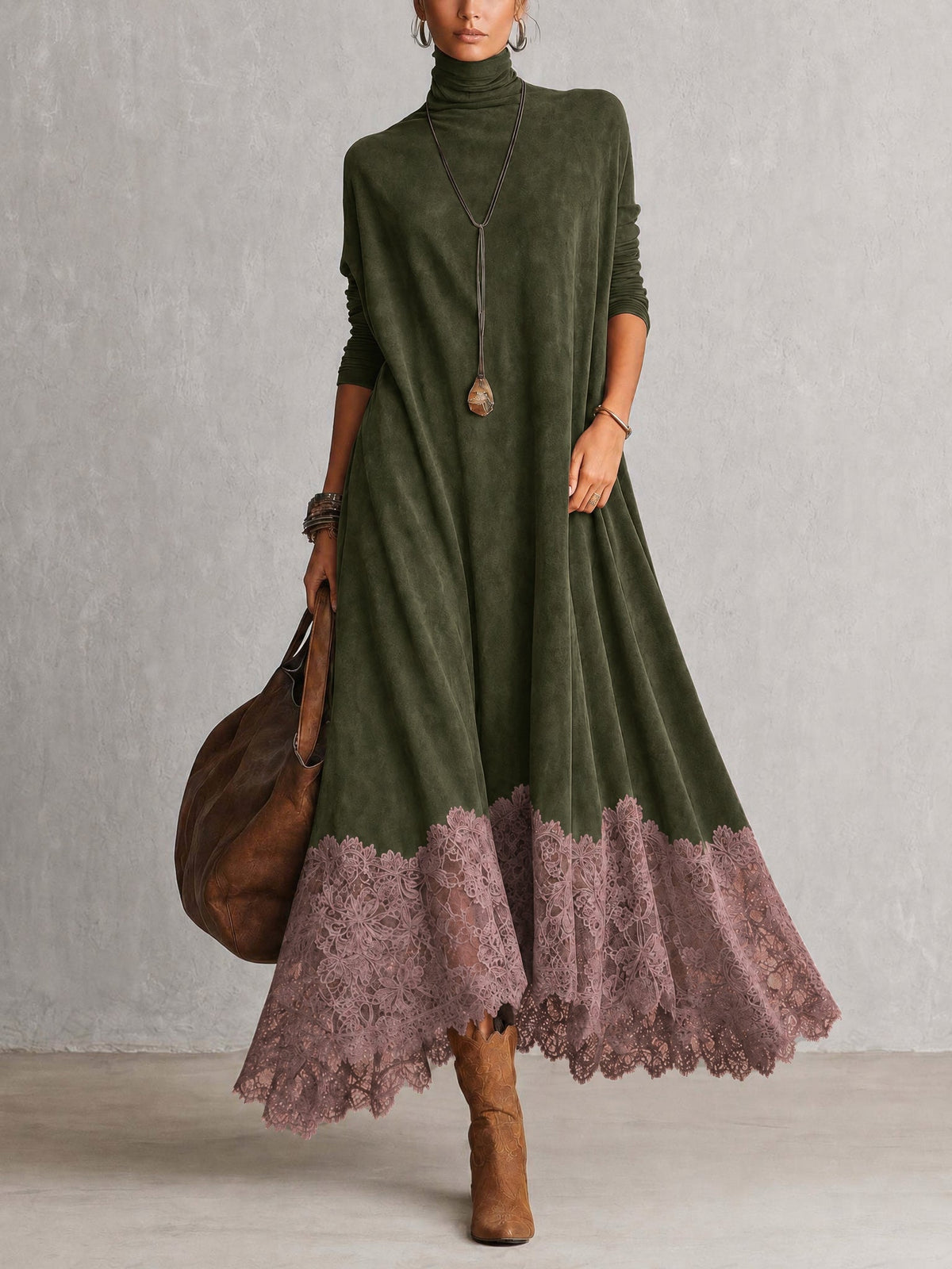 Full-length front view of the olive green version with dusky pink lace hem 9