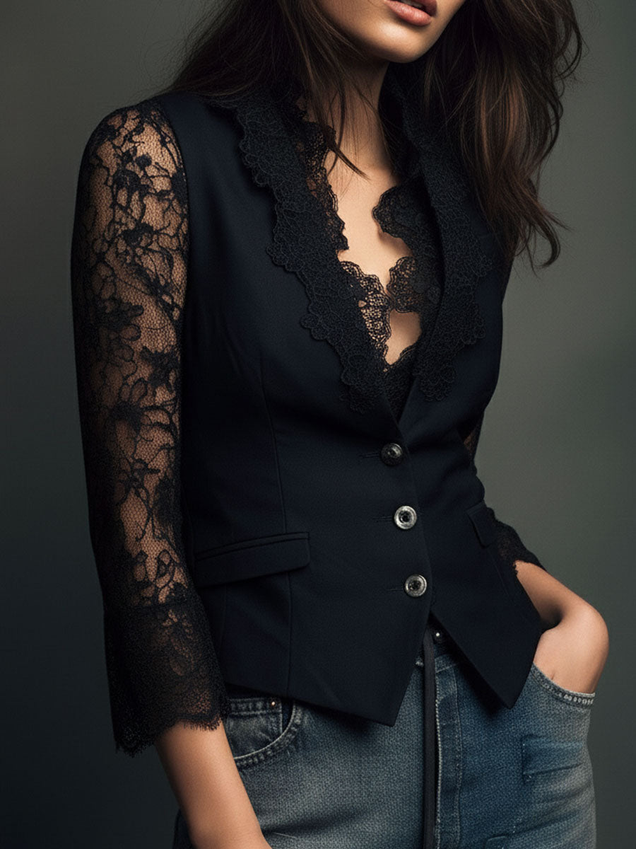 Black lace-sleeved jacket shown at an angle, highlighting the structured waist, buttons and lace lapel edging 9
