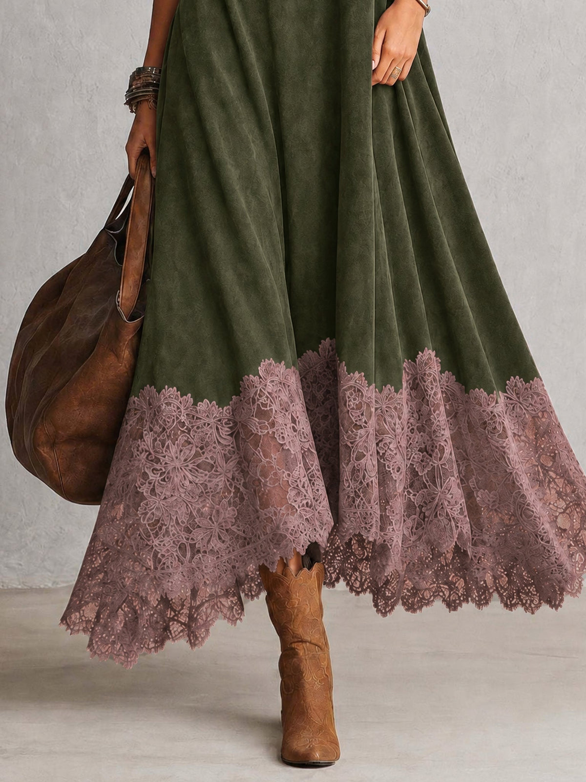 Detail of the olive green skirt with dusky pink scalloped lace hem 16