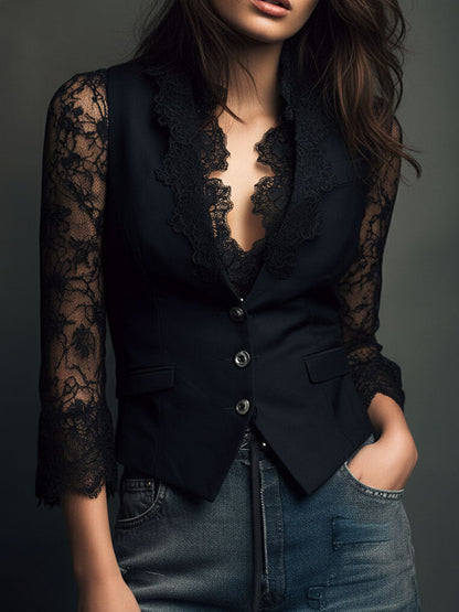 Black version shown from the front on a model, with lace sleeves, three buttons and flap pockets 8