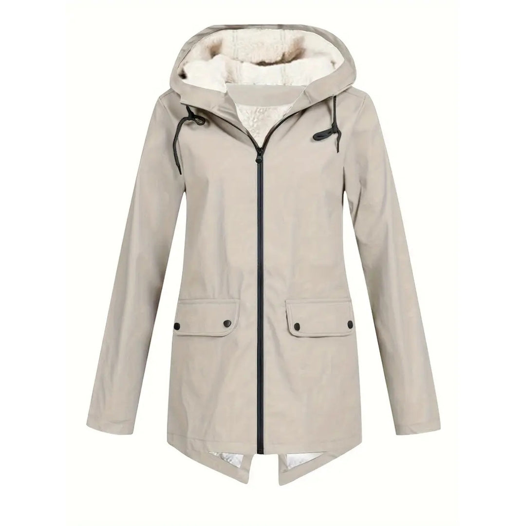 Flat front view of the jacket in light beige, showing the fleece-lined hood, black drawcords, centre zip and two flap pockets. 11