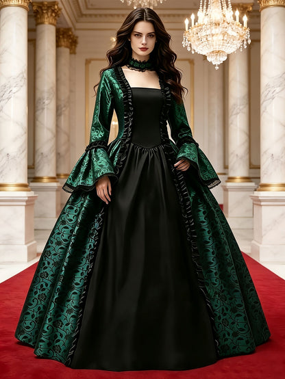 Model wearing the green version of the gown with black front panel and ruffled trim, in a marble hall with a chandelier. 6