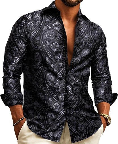 Larger view of a model in the shirt with silver-grey paisley and floral motifs woven on a black jacquard ground. 11