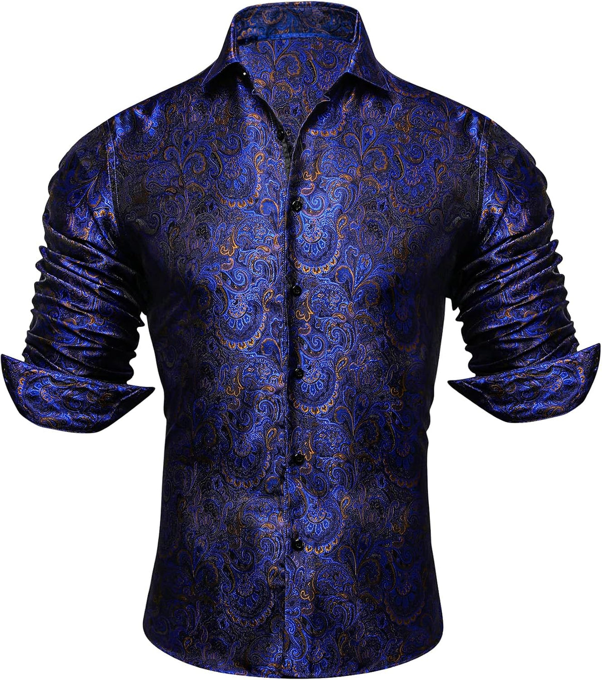 Shirt shown on its own without a model, in navy blue with gold and brown paisley jacquard, sleeves folded up. 15