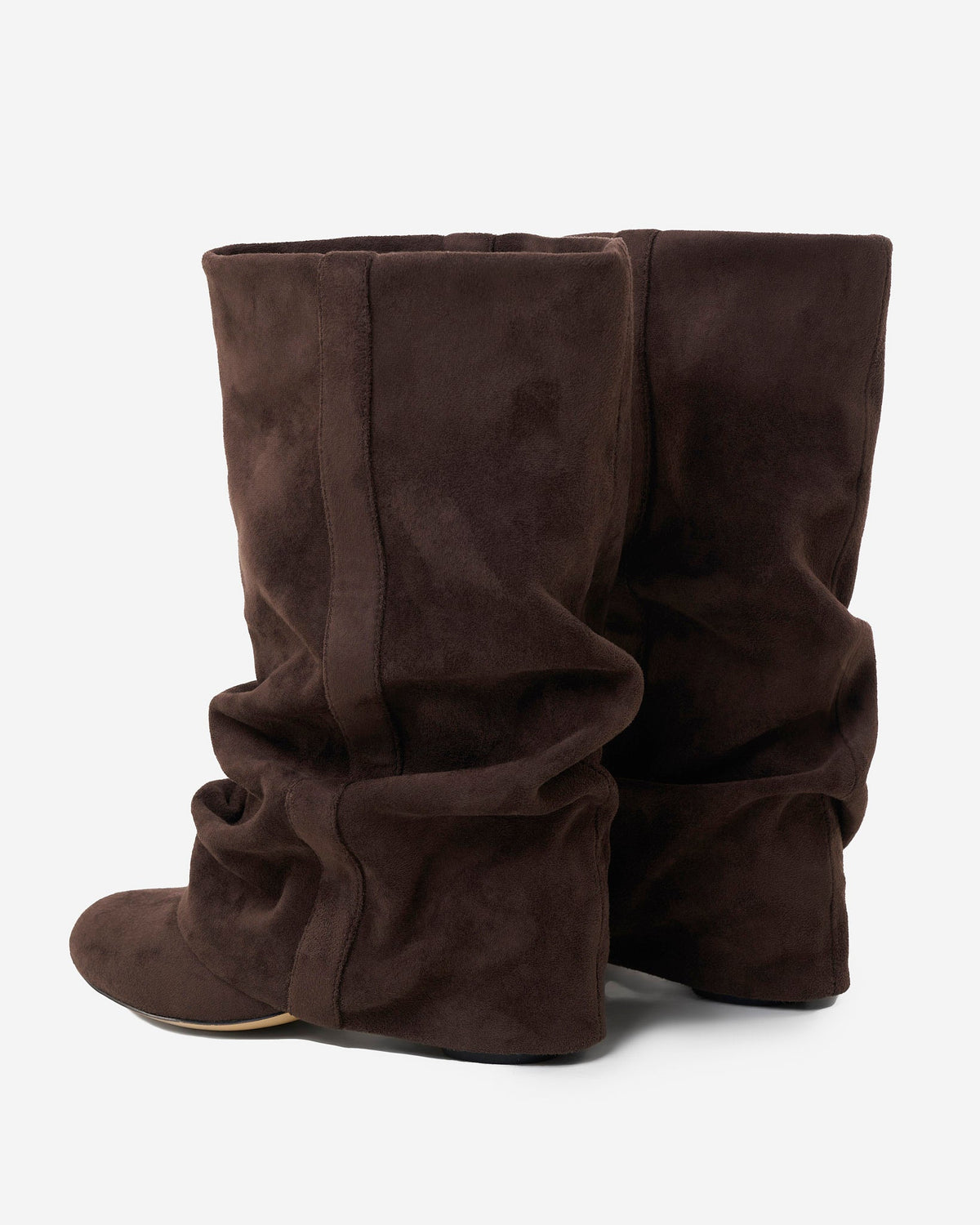 Back three-quarter view of the pair showing the ruched shaft, vertical seam and compact hidden heel on a white background. 3