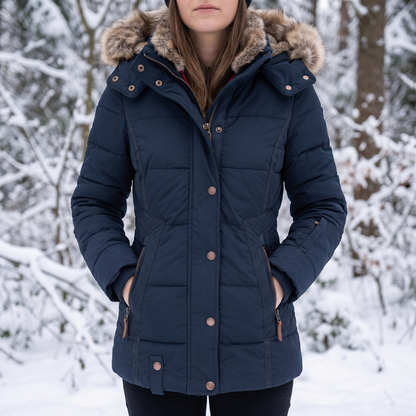 Woman wearing the navy quilted parka with faux fur hood, hands in pockets, in a snowy wood 1