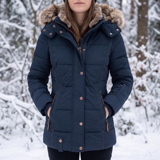 Woman wearing the navy quilted parka with faux fur hood, hands in pockets, in a snowy wood 1