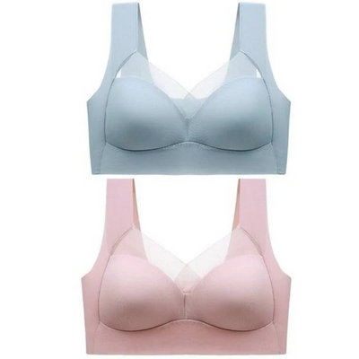 Two seamless wide-strap bras stacked, one pale blue above one dusty pink, showing sheer mesh at the neckline 23