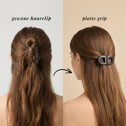Side-by-side comparison of a bulky claw clip and the slim flat clip worn on straight brown hair, seen from behind. 2