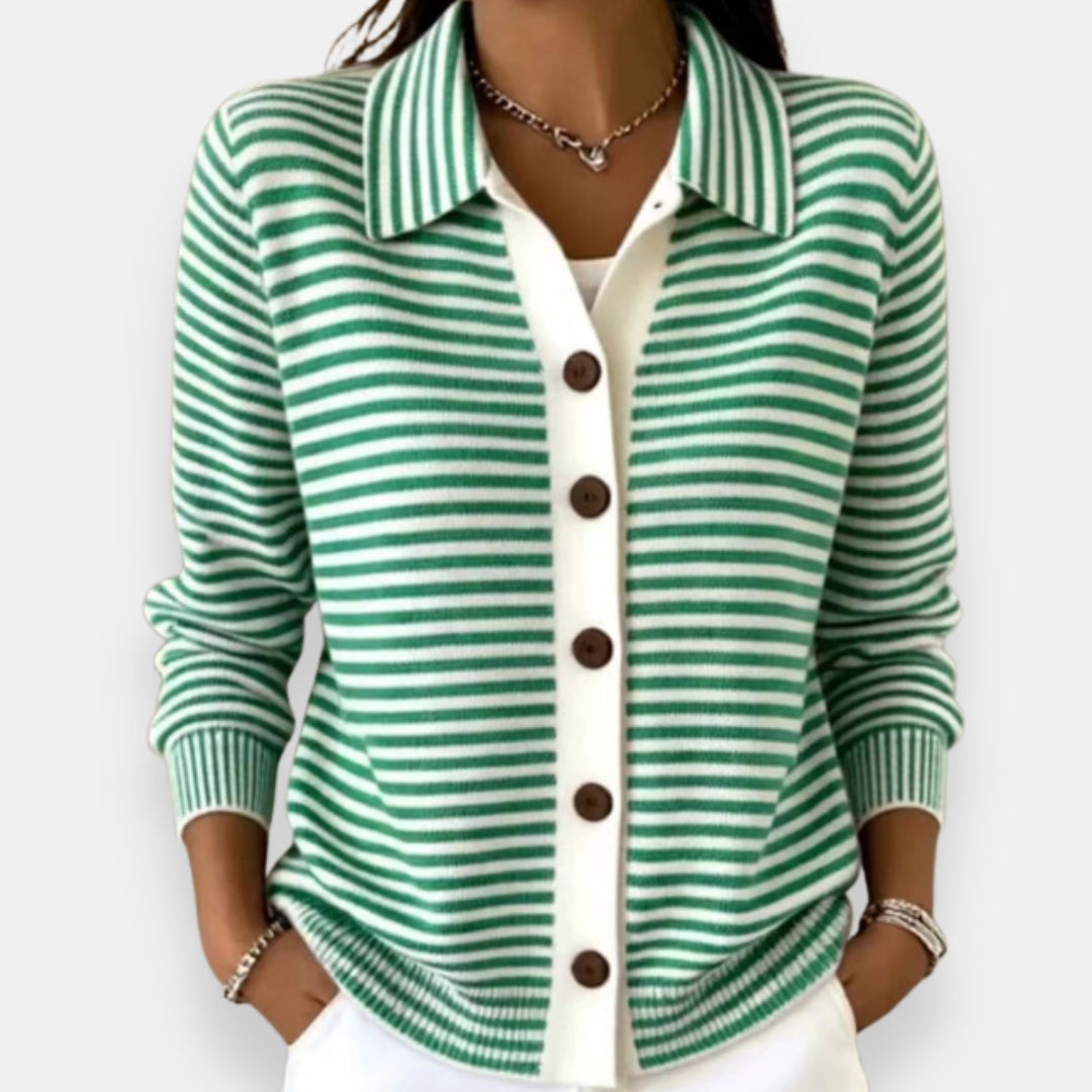 Model wearing the collared cardigan in green and white stripes, with a white button placket, brown buttons and ribbed hem. 2