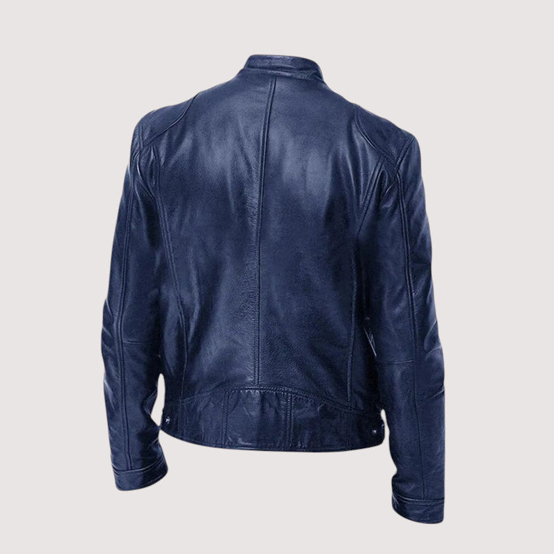 Back view of the navy blue leather jacket, showing centre seam, shoulder panels and snap waistband 5
