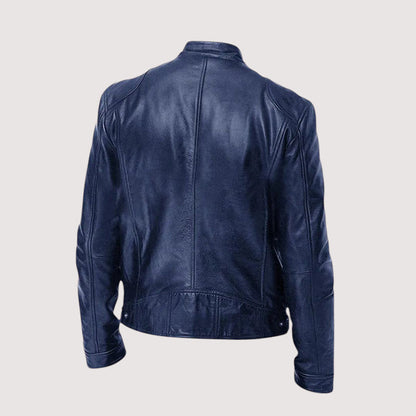 Back view of the navy blue leather jacket, showing centre seam, shoulder panels and snap waistband 5