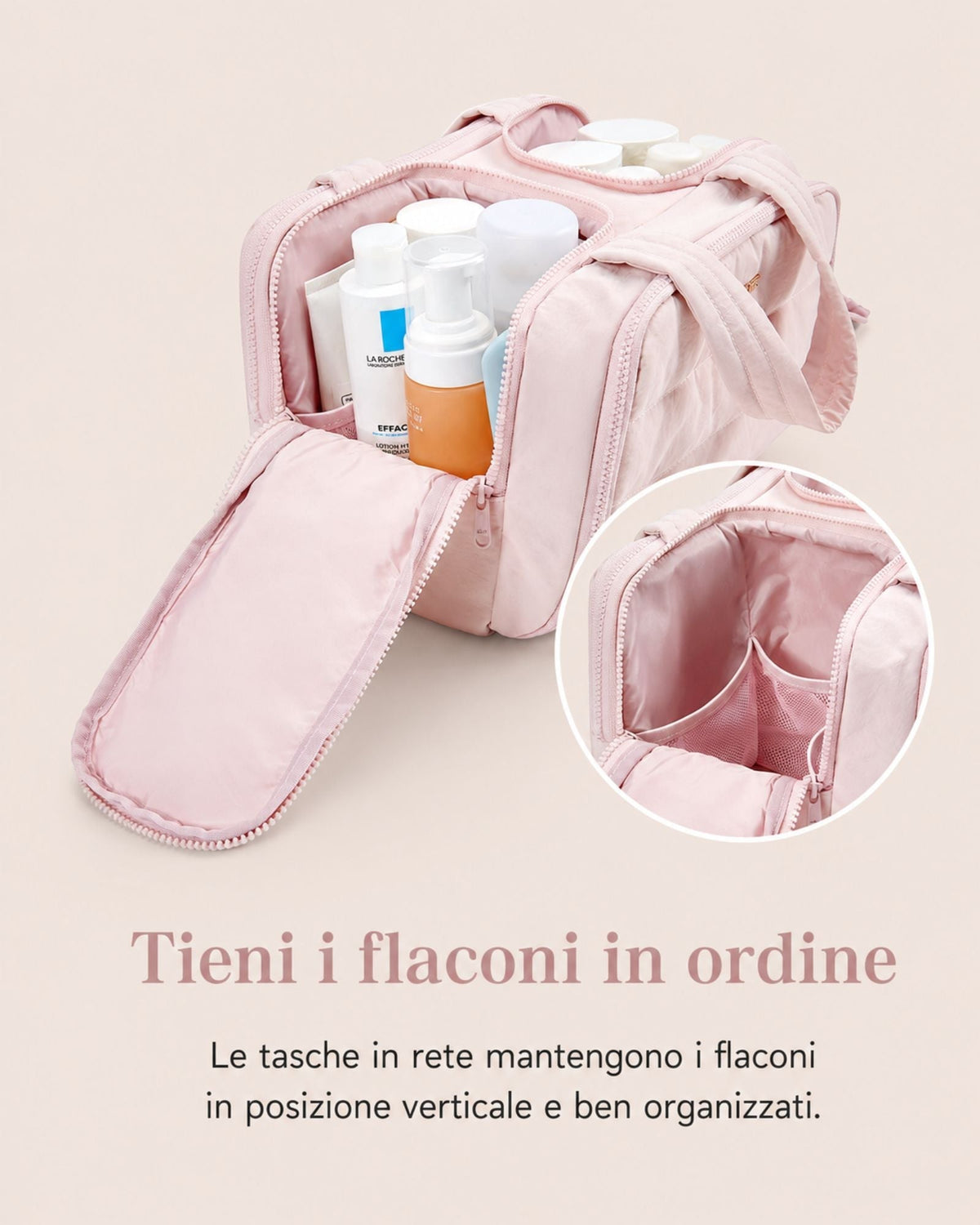 Open pink bag with toiletry bottles standing upright inside, and a close-up circle showing the mesh pockets that hold them in place. 5
