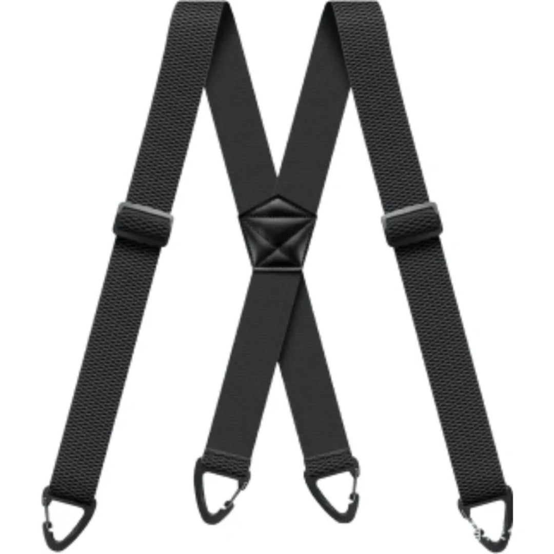 Black X-back braces laid flat, showing woven straps, slide adjusters, central leather-look patch and four clips 1