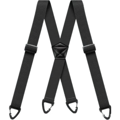 Black X-back braces laid flat, showing woven straps, slide adjusters, central leather-look patch and four clips 1