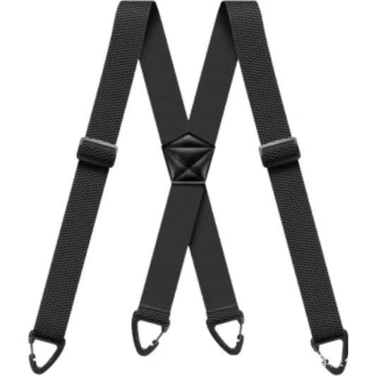 Black X-back braces laid flat, showing woven straps, slide adjusters, central leather-look patch and four clips 1