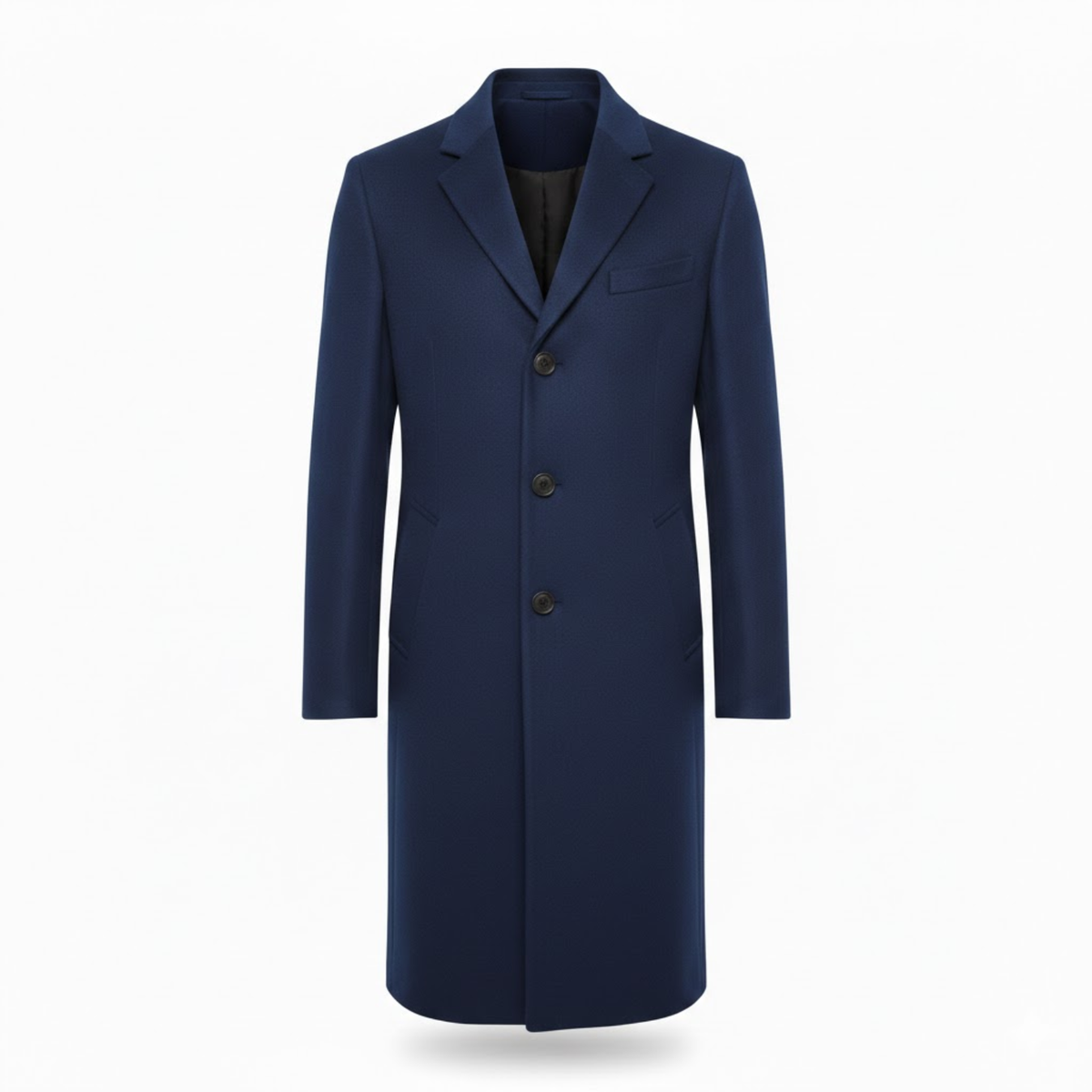 Front view of the coat in navy blue, with notch lapel, three buttons and hip pockets 5