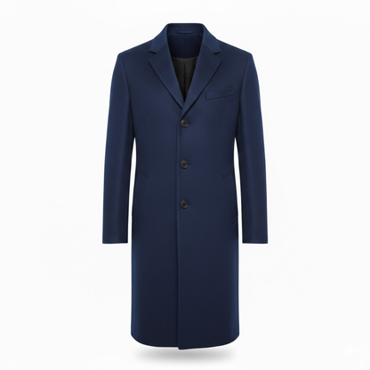 Front view of the coat in navy blue, with notch lapel, three buttons and hip pockets 5