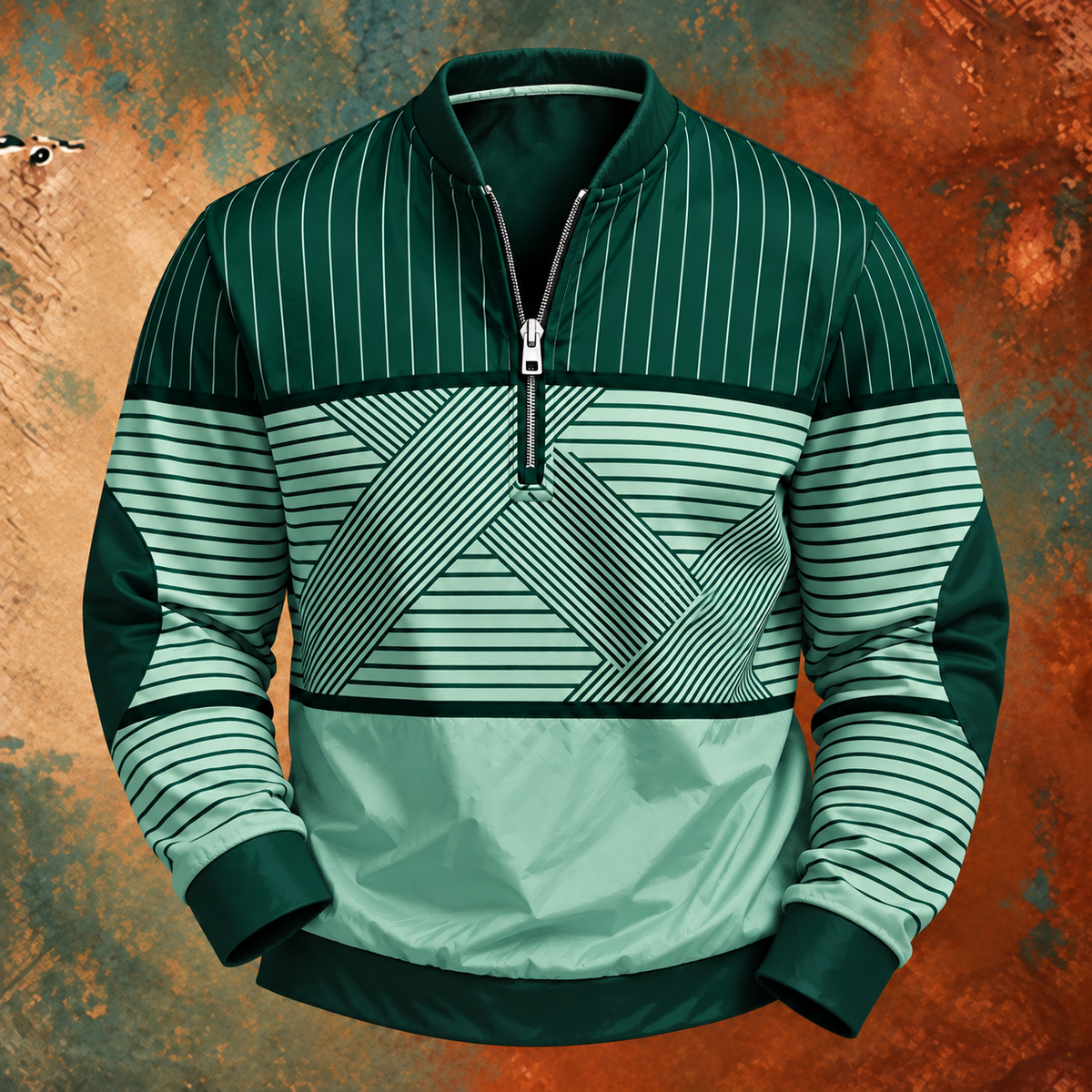 Dark green and mint version of the striped half-zip jumper, front view with silver zip 6