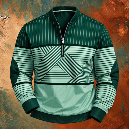 Dark green and mint version of the striped half-zip jumper, front view with silver zip 6