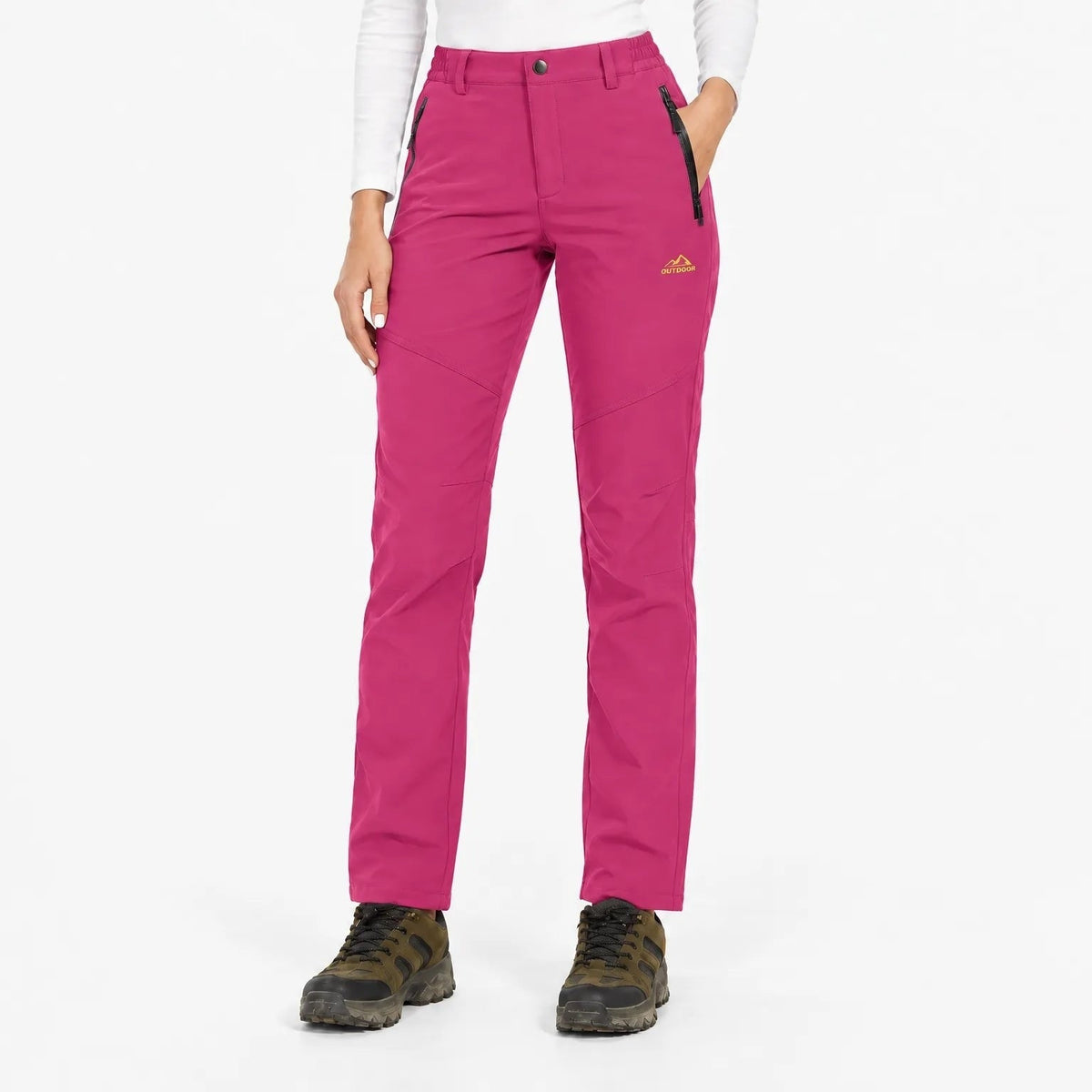 Front view of the trousers in bright pink, with a small embroidered logo on the thigh 6