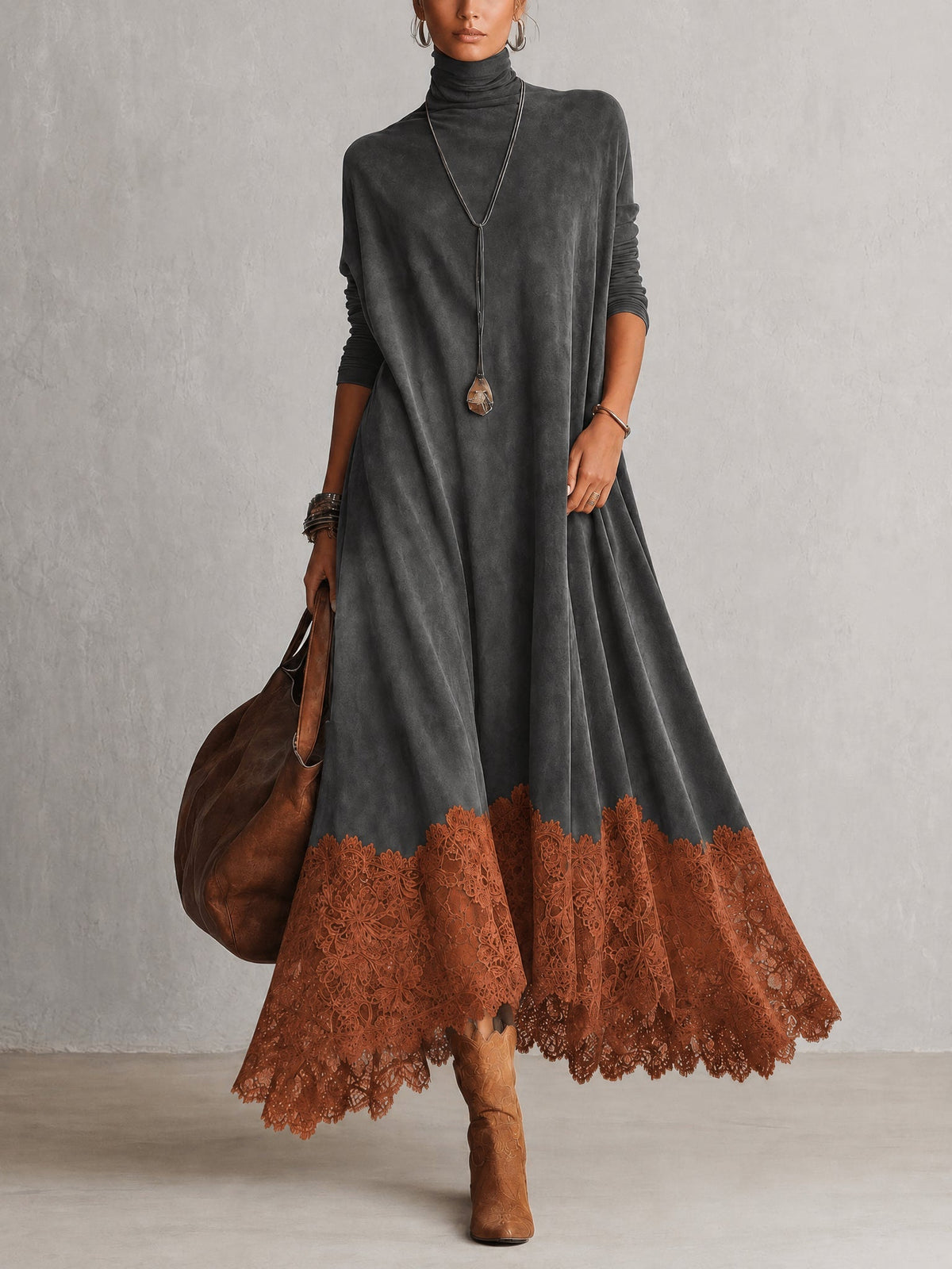 Full-length front view of the grey version with rust orange lace hem 10
