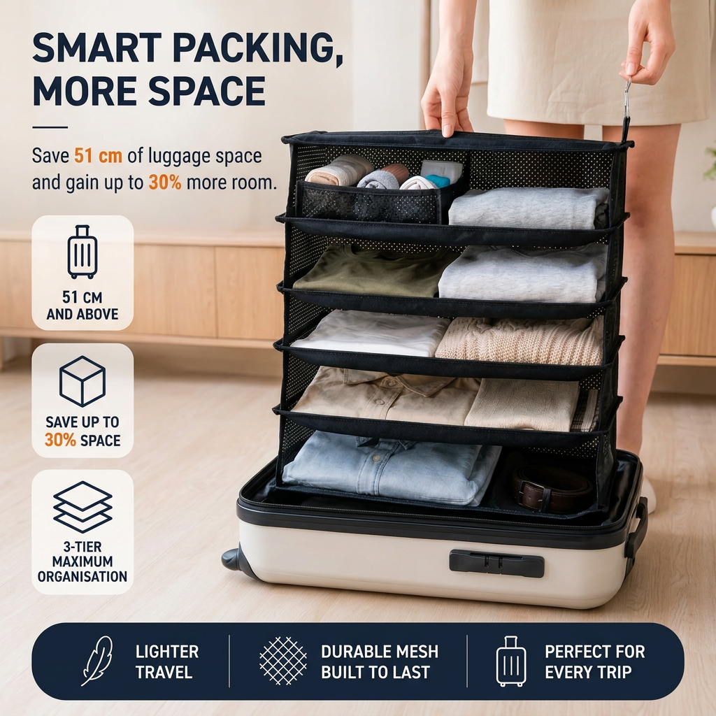 Foldable Hanging Travel Shelf Organiser with 3 Shelves and Zip Pocket