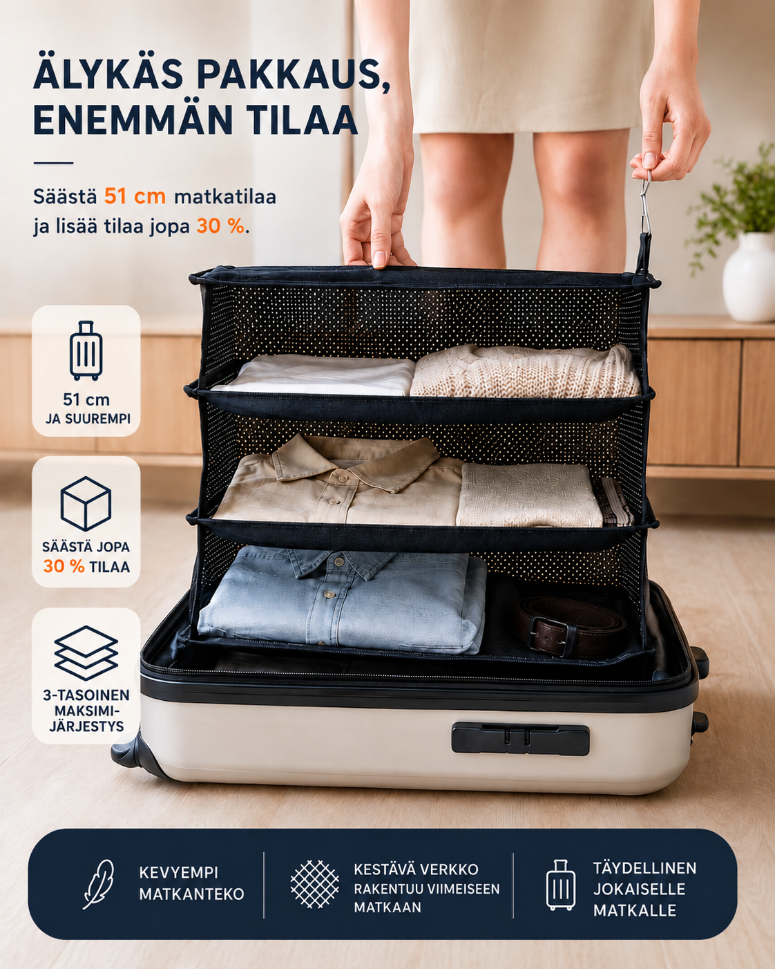 Woman lifting the mesh shelves, loaded with folded clothes, inside an open suitcase to show the space saved 3