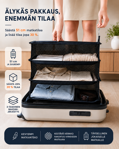 Woman lifting the mesh shelves, loaded with folded clothes, inside an open suitcase to show the space saved 3