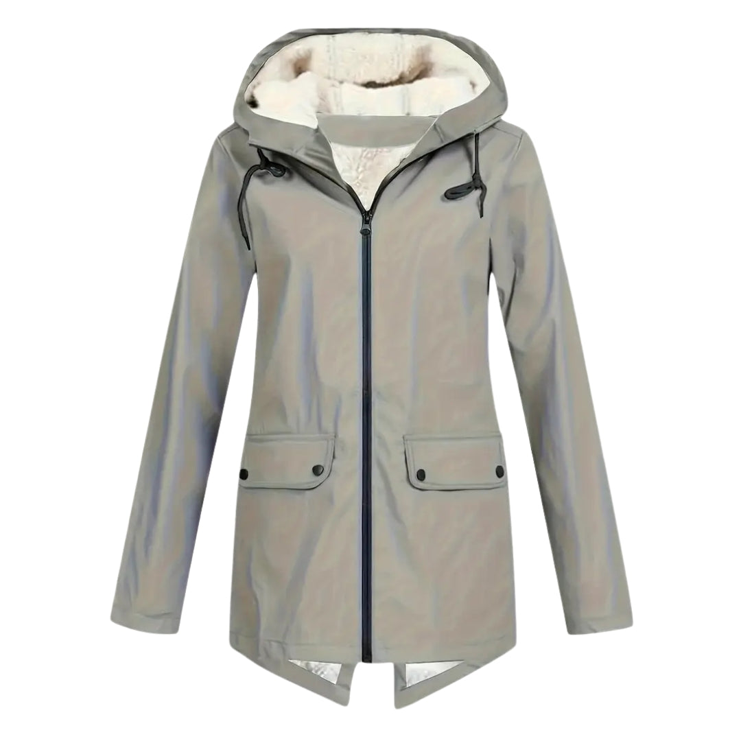Flat front view of the jacket in grey-green, with fleece-lined hood, black drawcords, centre zip and two buttoned flap pockets. 10