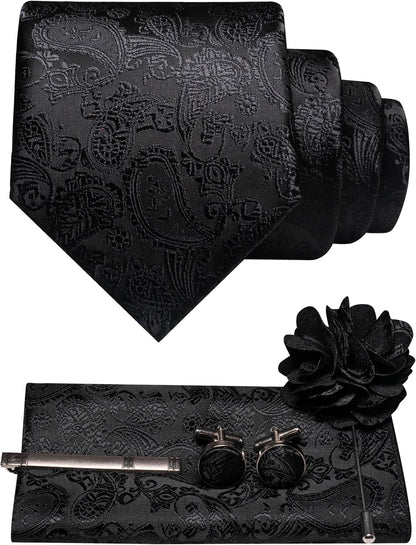 All-black paisley tie set with pocket square, cufflinks, tie clip and flower lapel brooch 37